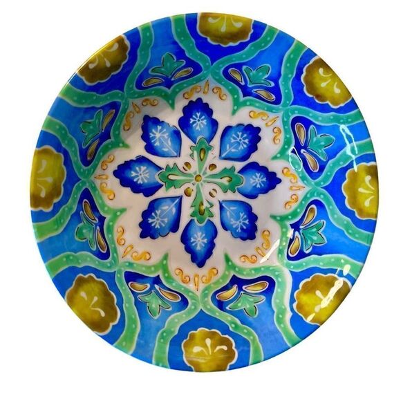 4 LAURIE GATES MOROCCAN BOHO MELAMINE CEREAL SOUP BOWL BLUE YELLOW GREEN 8.75 - Picture 4 of 11
